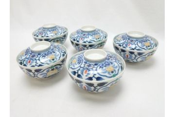 江戸期　古伊万里　染付　色絵　渦福　3.5寸　約10.7cm　フタ付き茶碗5客セット(和食器、三寸五分)(R-063287)