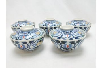 江戸期　古伊万里　染付　色絵　渦福　3.5寸　約10.7cm　フタ付き茶碗5客セット(和食器、三寸五分)(R-063287)
