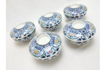 江戸期　古伊万里　染付　色絵　渦福　3.5寸　約10.7cm　フタ付き茶碗5客セット(和食器、三寸五分)(R-063287)