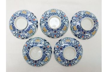 江戸期　古伊万里　染付　色絵　渦福　3.5寸　約10.7cm　フタ付き茶碗5客セット(和食器、三寸五分)(R-063287)