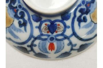 江戸期　古伊万里　染付　色絵　渦福　3.5寸　約10.7cm　フタ付き茶碗5客セット(和食器、三寸五分)(R-063287)