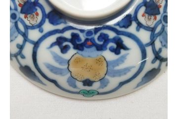 江戸期　古伊万里　染付　色絵　渦福　3.5寸　約10.7cm　フタ付き茶碗5客セット(和食器、三寸五分)(R-063287)