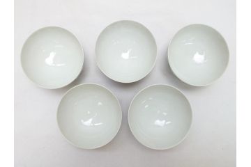 江戸期　古伊万里　染付　色絵　渦福　3.5寸　約10.7cm　フタ付き茶碗5客セット(和食器、三寸五分)(R-063287)