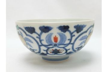 江戸期　古伊万里　染付　色絵　渦福　3.5寸　約10.7cm　フタ付き茶碗5客セット(和食器、三寸五分)(R-063287)