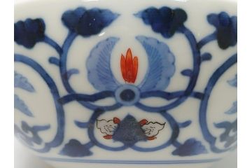 江戸期　古伊万里　染付　色絵　渦福　3.5寸　約10.7cm　フタ付き茶碗5客セット(和食器、三寸五分)(R-063287)
