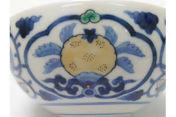 江戸期　古伊万里　染付　色絵　渦福　3.5寸　約10.7cm　フタ付き茶碗5客セット(和食器、三寸五分)(R-063287)