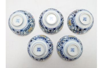 江戸期　古伊万里　染付　色絵　渦福　3.5寸　約10.7cm　フタ付き茶碗5客セット(和食器、三寸五分)(R-063287)