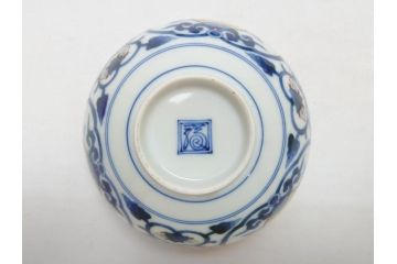江戸期　古伊万里　染付　色絵　渦福　3.5寸　約10.7cm　フタ付き茶碗5客セット(和食器、三寸五分)(R-063287)