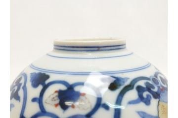 江戸期　古伊万里　染付　色絵　渦福　3.5寸　約10.7cm　フタ付き茶碗5客セット(和食器、三寸五分)(R-063287)