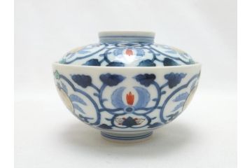 江戸期　古伊万里　染付　色絵　渦福　3.5寸　約10.7cm　フタ付き茶碗5客セット(和食器、三寸五分)(R-063287)