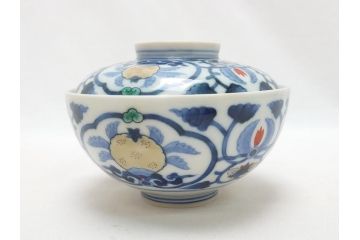 江戸期　古伊万里　染付　色絵　渦福　3.5寸　約10.7cm　フタ付き茶碗5客セット(和食器、三寸五分)(R-063287)