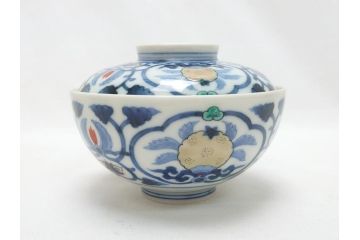 江戸期　古伊万里　染付　色絵　渦福　3.5寸　約10.7cm　フタ付き茶碗5客セット(和食器、三寸五分)(R-063287)