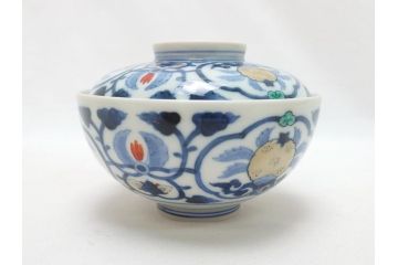 江戸期　古伊万里　染付　色絵　渦福　3.5寸　約10.7cm　フタ付き茶碗5客セット(和食器、三寸五分)(R-063287)