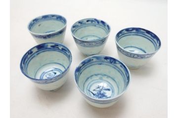 在銘　中国茶器　煎茶道具　蛍手　蛍焼き　猪口5客(ほたる、ホタル、茶道具、和食器)(R-063290)