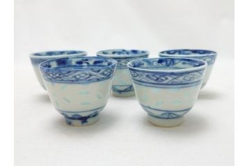 在銘　中国茶器　煎茶道具　蛍手　蛍焼き　猪口5客(ほたる、ホタル、茶道具、和食器)(R-063290)