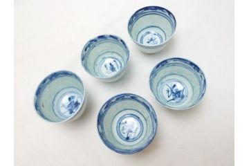 在銘　中国茶器　煎茶道具　蛍手　蛍焼き　猪口5客(ほたる、ホタル、茶道具、和食器)(R-063290)
