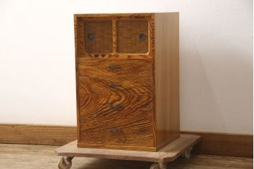 中古　高級指物家具　肥松(コエマツ、脂松、老松)　内部桐材　網代編みの引戸が目を引く小引き出し(小物収納、卓上収納)(R-063297)