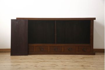 中古　美品　ニレ材　上質な和の空間づくりにおすすめの水屋箪笥サイドボード(サイドキャビネット、食器棚、収納棚、戸棚)(R-063302)