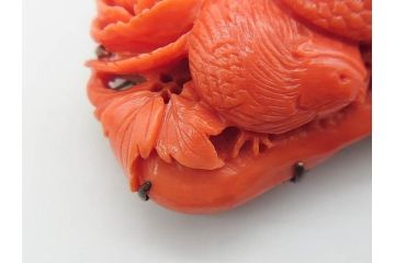 珊瑚　鶏　鮮やかな色彩が華やかさを演出する帯留め(サンゴ、にわとり、ニワトリ、鳥、和装小物、着物道具、帯締め、アクセサリー)(R-063310)