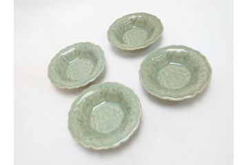 江戸〜明治　三田青磁　三田焼　3.3寸　約10cm　小皿4客セット(和食器、輪花、和皿、3寸3分)(R-063311)