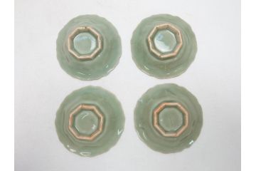 江戸〜明治　三田青磁　三田焼　3.3寸　約10cm　小皿4客セット(和食器、輪花、和皿、3寸3分)(R-063311)