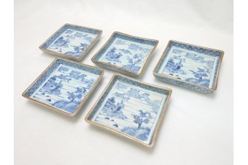 江戸期　大明萬暦年製　古伊万里　染付　4.9寸　約15cm　角皿5客セット(上手物、山水、金継ぎ、和食器、4寸9分)(R-063313)