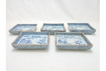 江戸期　大明萬暦年製　古伊万里　染付　4.9寸　約15cm　角皿5客セット(上手物、山水、金継ぎ、和食器、4寸9分)(R-063313)