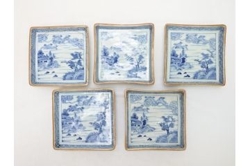 江戸期　大明萬暦年製　古伊万里　染付　4.9寸　約15cm　角皿5客セット(上手物、山水、金継ぎ、和食器、4寸9分)(R-063313)