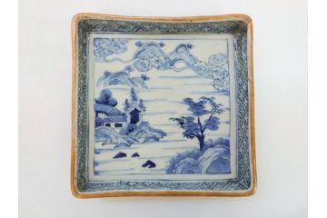 江戸期　大明萬暦年製　古伊万里　染付　4.9寸　約15cm　角皿5客セット(上手物、山水、金継ぎ、和食器、4寸9分)(R-063313)