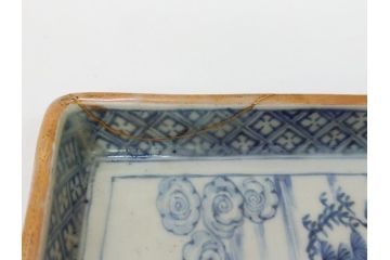 江戸期　大明萬暦年製　古伊万里　染付　4.9寸　約15cm　角皿5客セット(上手物、山水、金継ぎ、和食器、4寸9分)(R-063313)