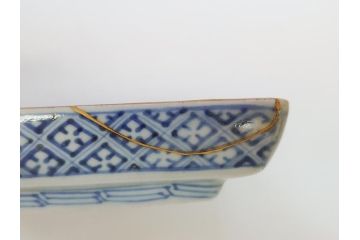 江戸期　大明萬暦年製　古伊万里　染付　4.9寸　約15cm　角皿5客セット(上手物、山水、金継ぎ、和食器、4寸9分)(R-063313)