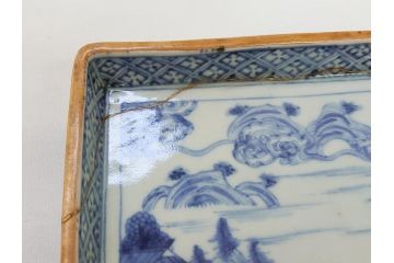 江戸期　大明萬暦年製　古伊万里　染付　4.9寸　約15cm　角皿5客セット(上手物、山水、金継ぎ、和食器、4寸9分)(R-063313)