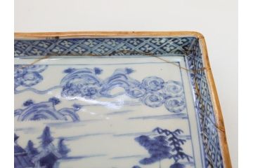 江戸期　大明萬暦年製　古伊万里　染付　4.9寸　約15cm　角皿5客セット(上手物、山水、金継ぎ、和食器、4寸9分)(R-063313)