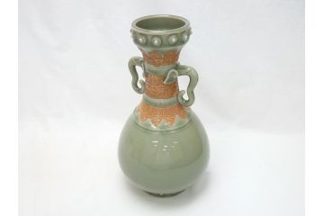 江戸〜明治　三田焼　青磁　双耳　高さ30.5cm　花瓶(花器、花入、壺、壷)(R-063314)