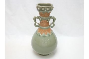 江戸〜明治　三田焼　青磁　双耳　高さ30.5cm　花瓶(花器、花入、壺、壷)(R-063314)