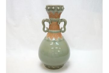 江戸〜明治　三田焼　青磁　双耳　高さ30.5cm　花瓶(花器、花入、壺、壷)(R-063314)