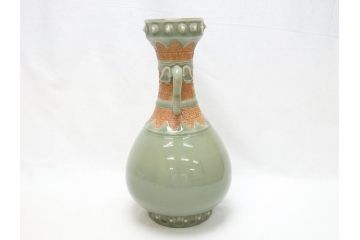 江戸〜明治　三田焼　青磁　双耳　高さ30.5cm　花瓶(花器、花入、壺、壷)(R-063314)