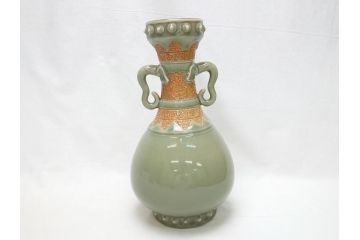 江戸〜明治　三田焼　青磁　双耳　高さ30.5cm　花瓶(花器、花入、壺、壷)(R-063314)