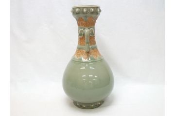 江戸〜明治　三田焼　青磁　双耳　高さ30.5cm　花瓶(花器、花入、壺、壷)(R-063314)