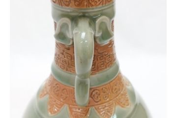 江戸〜明治　三田焼　青磁　双耳　高さ30.5cm　花瓶(花器、花入、壺、壷)(R-063314)
