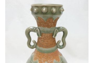 江戸〜明治　三田焼　青磁　双耳　高さ30.5cm　花瓶(花器、花入、壺、壷)(R-063314)