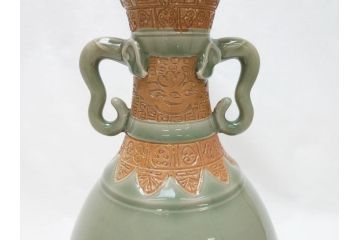江戸〜明治　三田焼　青磁　双耳　高さ30.5cm　花瓶(花器、花入、壺、壷)(R-063314)