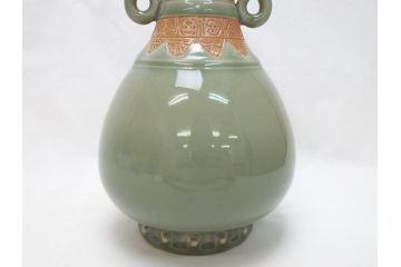 江戸〜明治　三田焼　青磁　双耳　高さ30.5cm　花瓶(花器、花入、壺、壷)(R-063314)