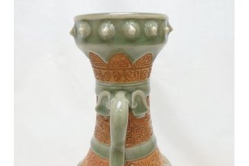 江戸〜明治　三田焼　青磁　双耳　高さ30.5cm　花瓶(花器、花入、壺、壷)(R-063314)