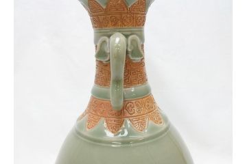 江戸〜明治　三田焼　青磁　双耳　高さ30.5cm　花瓶(花器、花入、壺、壷)(R-063314)