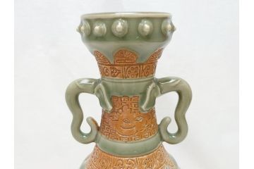江戸〜明治　三田焼　青磁　双耳　高さ30.5cm　花瓶(花器、花入、壺、壷)(R-063314)