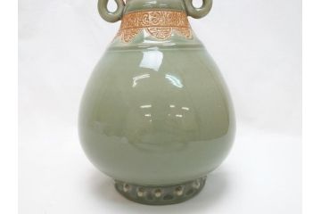 江戸〜明治　三田焼　青磁　双耳　高さ30.5cm　花瓶(花器、花入、壺、壷)(R-063314)