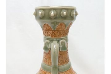 江戸〜明治　三田焼　青磁　双耳　高さ30.5cm　花瓶(花器、花入、壺、壷)(R-063314)