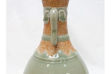 江戸〜明治　三田焼　青磁　双耳　高さ30.5cm　花瓶(花器、花入、壺、壷)(R-063314)