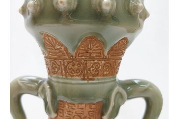 江戸〜明治　三田焼　青磁　双耳　高さ30.5cm　花瓶(花器、花入、壺、壷)(R-063314)